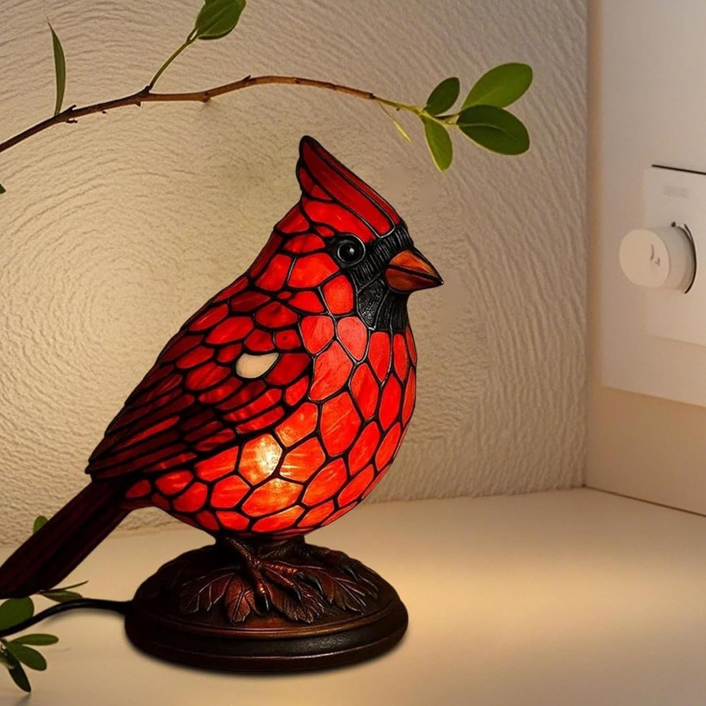 Handmade Art Cardinal Lamp Bird  Stained Glass Novelty Accent Lamp