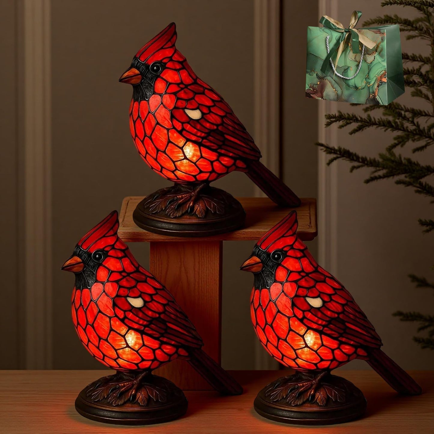 Handmade Art Cardinal Lamp Bird  Stained Glass Novelty Accent Lamp