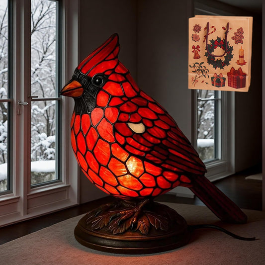 Handmade Art Cardinal Lamp Bird  Stained Glass Novelty Accent Lamp