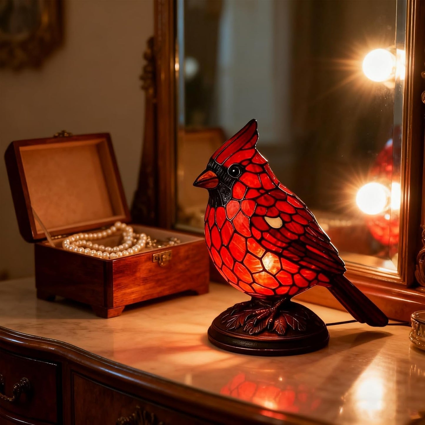 Handmade Art Cardinal Lamp Bird  Stained Glass Novelty Accent Lamp