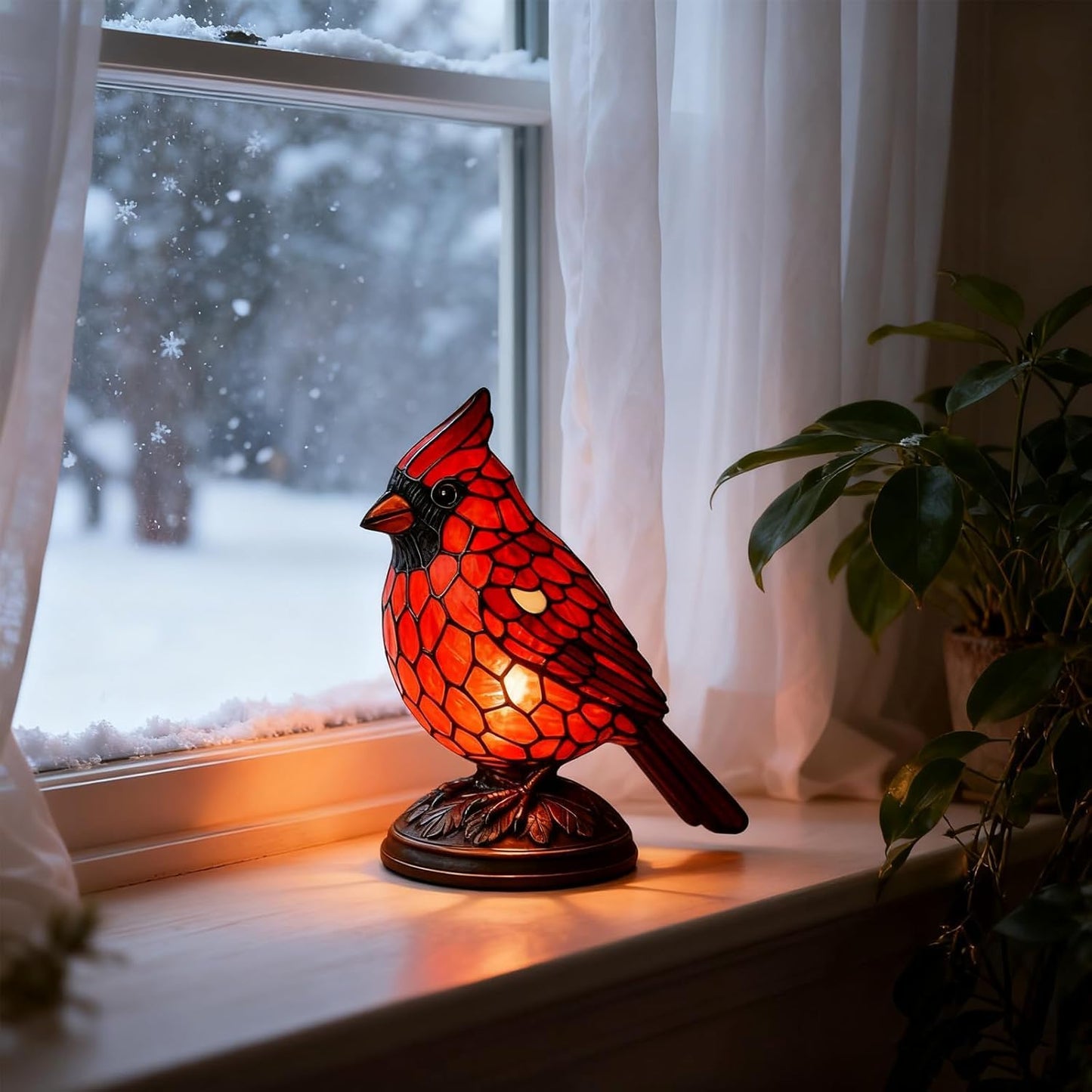 Handmade Art Cardinal Lamp Bird  Stained Glass Novelty Accent Lamp