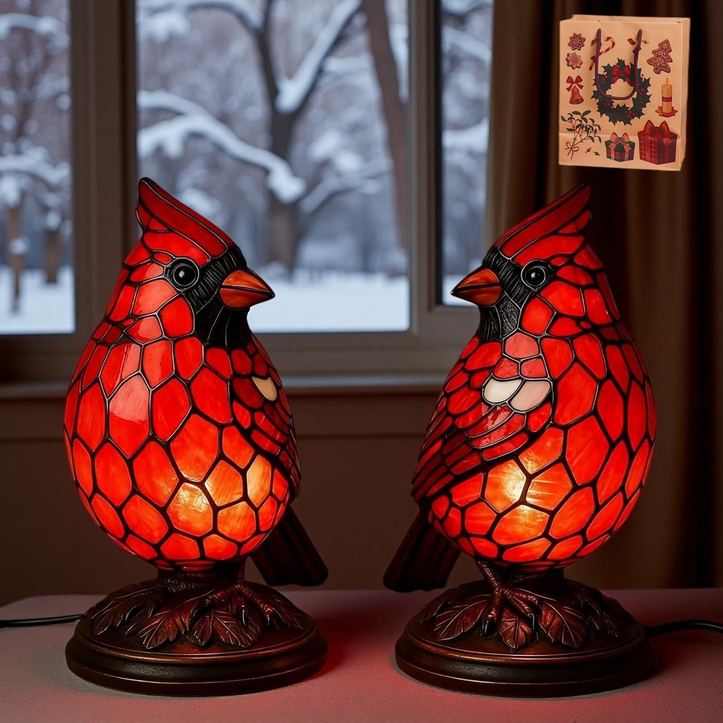 Handmade Art Cardinal Lamp Bird  Stained Glass Novelty Accent Lamp