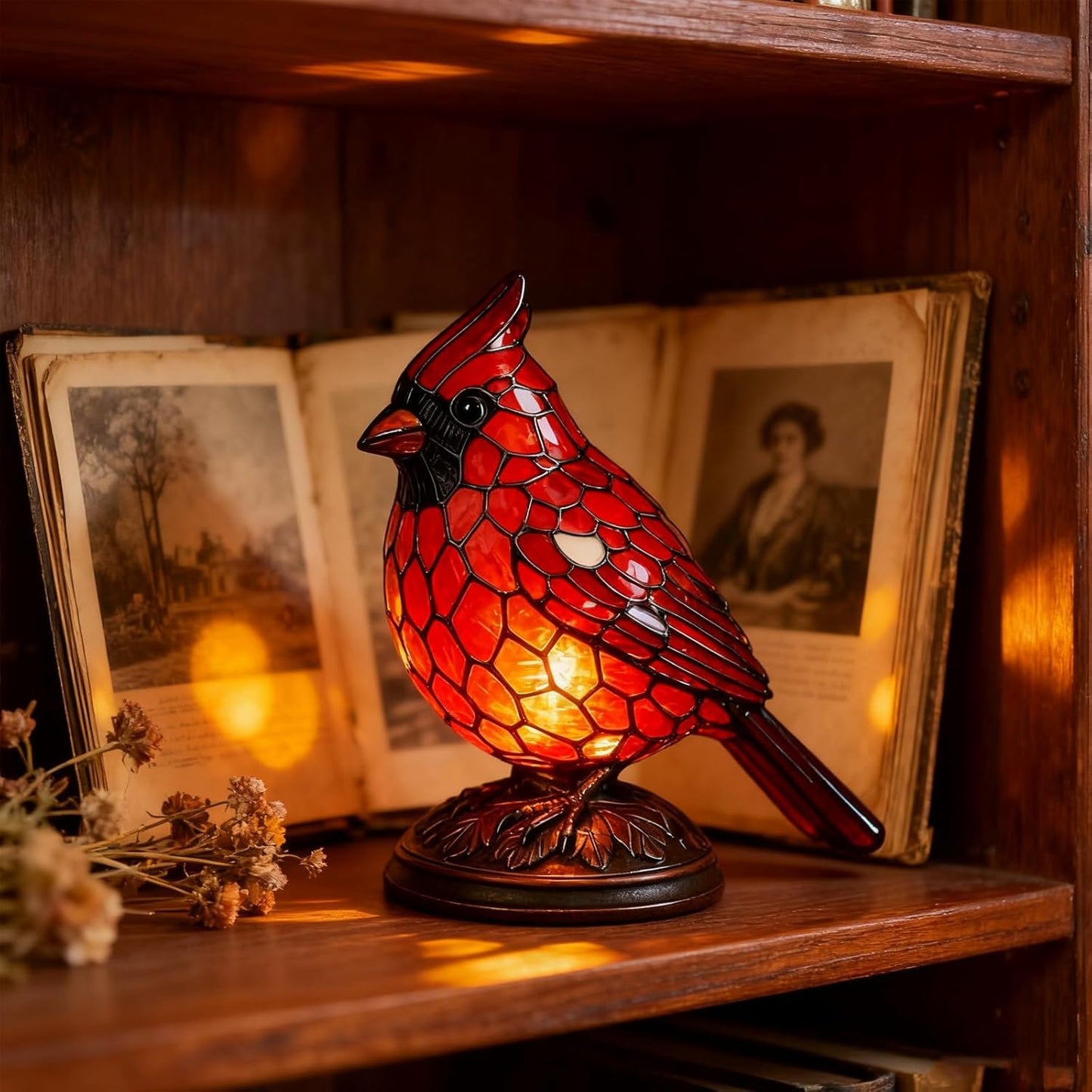 Handmade Art Cardinal Lamp Bird  Stained Glass Novelty Accent Lamp