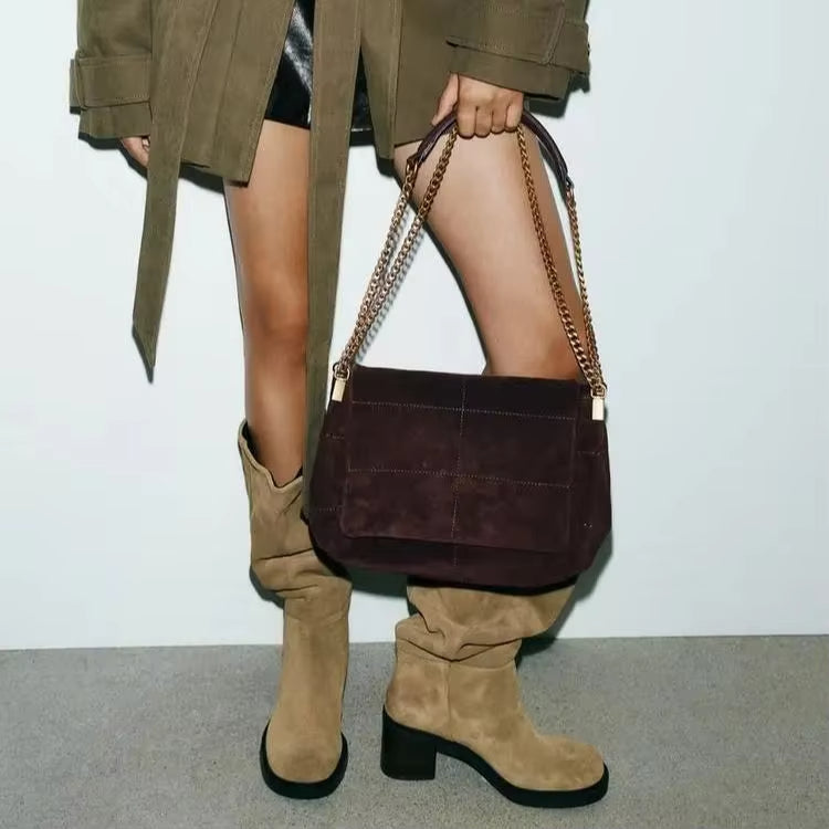Women's Suede Shoulder Bag with Chains, Vintage Quilted Sling Bag, New Fashion Luxury Design Handbags for Ladies